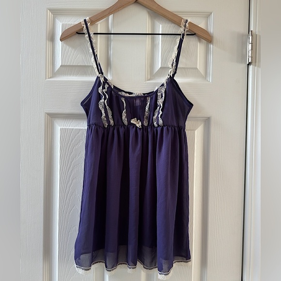 Victoria's Secret Other - Victoria's Secret Navy Blue Cream Lace Chiffon Babydoll Slip Cami